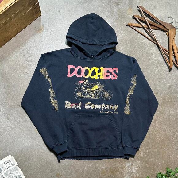 Vintage Y2K Biker Bar AOP Hoodie Faded Black Mens Medium Motorcycle Sweatshirt - Picture 1 of 4